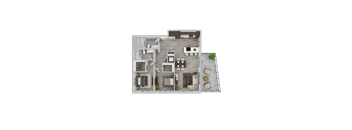 A top-down view of a house layout with a kitchen, living room, dining area, and a backyard.