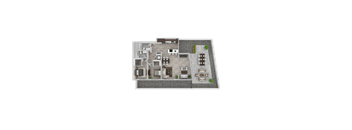 A 3D rendered image of a house layout.