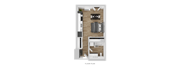 A floor plan of a modern apartment with a living room, kitchen, and bedrooms.