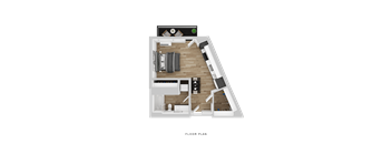 A floor plan of a house with a living room, kitchen, and two bedrooms.
