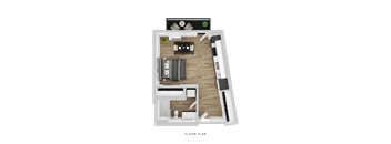 A floor plan of a house with a living room, kitchen, and two bedrooms.