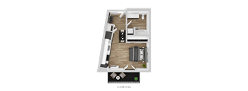 A floor plan of a small apartment with a living room, kitchen, and bathroom.