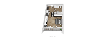 A floor plan of a small apartment with a living room, kitchen, and bedroom.