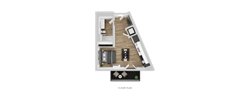 A floor plan of a house with a living room, kitchen, and two bedrooms.