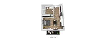 A floor plan of a house with a living room, kitchen, and two bedrooms.