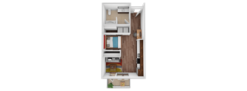 A top-down view of a small apartment with a bed, a couch, a desk, and a kitchenette.