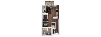 A top-down view of a small, modern apartment with a bed, desk, and kitchenette.