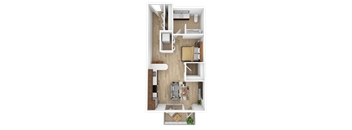 A top-down view of a small apartment with a kitchen, living room, and bedroom.