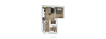 A floor plan of a small apartment with a living room, kitchen, and bedroom.