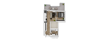 A floor plan of a small apartment with a living room, kitchen, and bathroom.