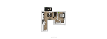 A floor plan of a house with a kitchen, living room, and two bedrooms.