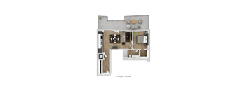 A floor plan of a house with a living room, dining area, kitchen, and two bedrooms.