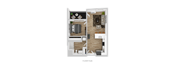 A floor plan of a small apartment with a living room, kitchen, and bedroom.