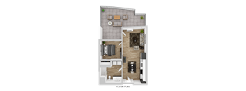 A floor plan of a house with a living room, kitchen, and two bedrooms.