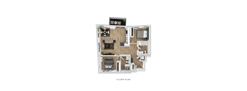 A floor plan of a small apartment with a kitchen, living room, and bedroom.