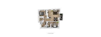 A floor plan of a house with a kitchen, living room, and two bedrooms.