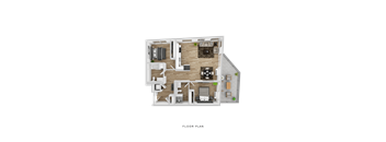A floor plan of a house with a living room, kitchen, and two bedrooms.