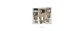 A floor plan of a house with a kitchen, living room, and two bedrooms.