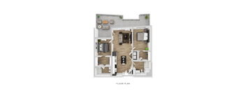 A floor plan of a house with a living room, kitchen, dining area, and two bedrooms.