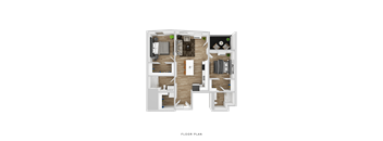 A floor plan of a house with a living room, kitchen, and two bedrooms.