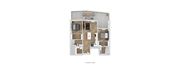 A floor plan of a house with a kitchen, living room, and bedrooms.