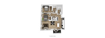 A floor plan of a house with a living room, two bedrooms, a kitchen, and a bathroom.
