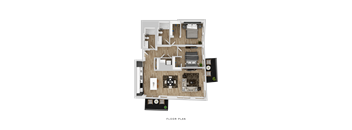 A floor plan of a house with a kitchen, living room, and two bedrooms.