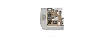 A floor plan of a house with a living room, kitchen, dining area, and two bedrooms.