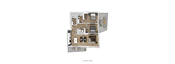 A floor plan of a house with a living room, kitchen, dining room, and bedrooms.