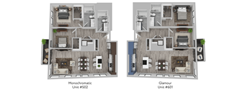 Two floor plans of a Monochromatic Unit #502 and a Glamour Unit #601.