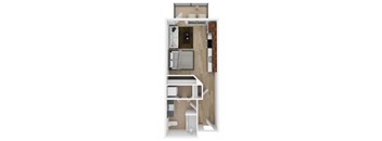 A top-down view of a small, modern apartment with a kitchen, living room, and bathroom.