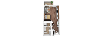 A top-down view of a small apartment with a kitchen, living room, and bathroom.
