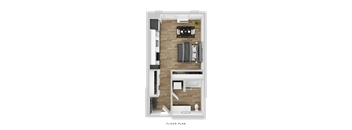 A floor plan of a small apartment with a living room, kitchen, and bathroom.