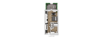 A floor plan of a small apartment with a living room, kitchen, and bathroom.