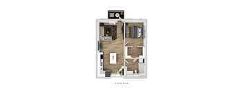 A floor plan of a small apartment with a living room, kitchen, and bathroom.