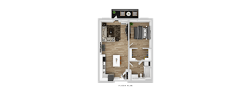 A floor plan of a house with a living room, kitchen, and two bedrooms.