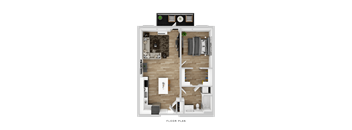 A floor plan of a house with a living room, kitchen, and two bedrooms.