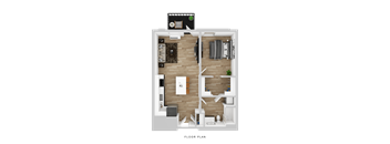 A floor plan of a small apartment with a living room, kitchen, and bedroom.