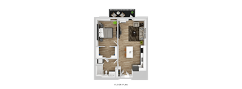 A floor plan of a two-bedroom apartment with a living room, kitchen, and bathroom.