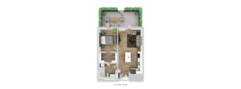 A floor plan of a house with a living room, kitchen, and two bedrooms.