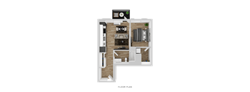 A floor plan of a house with a kitchen, living room, and bathroom.