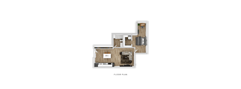 A floor plan of a house with a living room, kitchen, and two bedrooms.