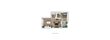 A floor plan of a house with a living room, kitchen, and two bedrooms.