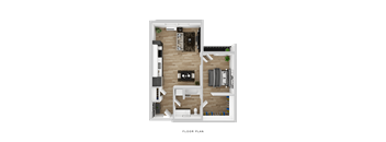 A floor plan of a small apartment with a living room, kitchen, and bedrooms.