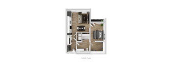 A floor plan of a small apartment with a kitchen, living room, and bathroom.