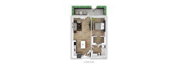 A floor plan of a room with furniture and a green plant on the wall.
