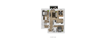 A floor plan of a house with a living room, kitchen, dining area, and two bedrooms.