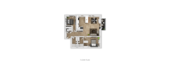 A floor plan of a house with a living room, dining room, kitchen, and two bedrooms.