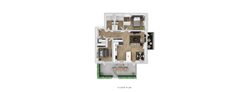 A floor plan of a house with a living room, kitchen, dining room, and two bedrooms.