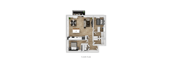A floor plan of a small apartment with a kitchen, living room, and bedrooms.